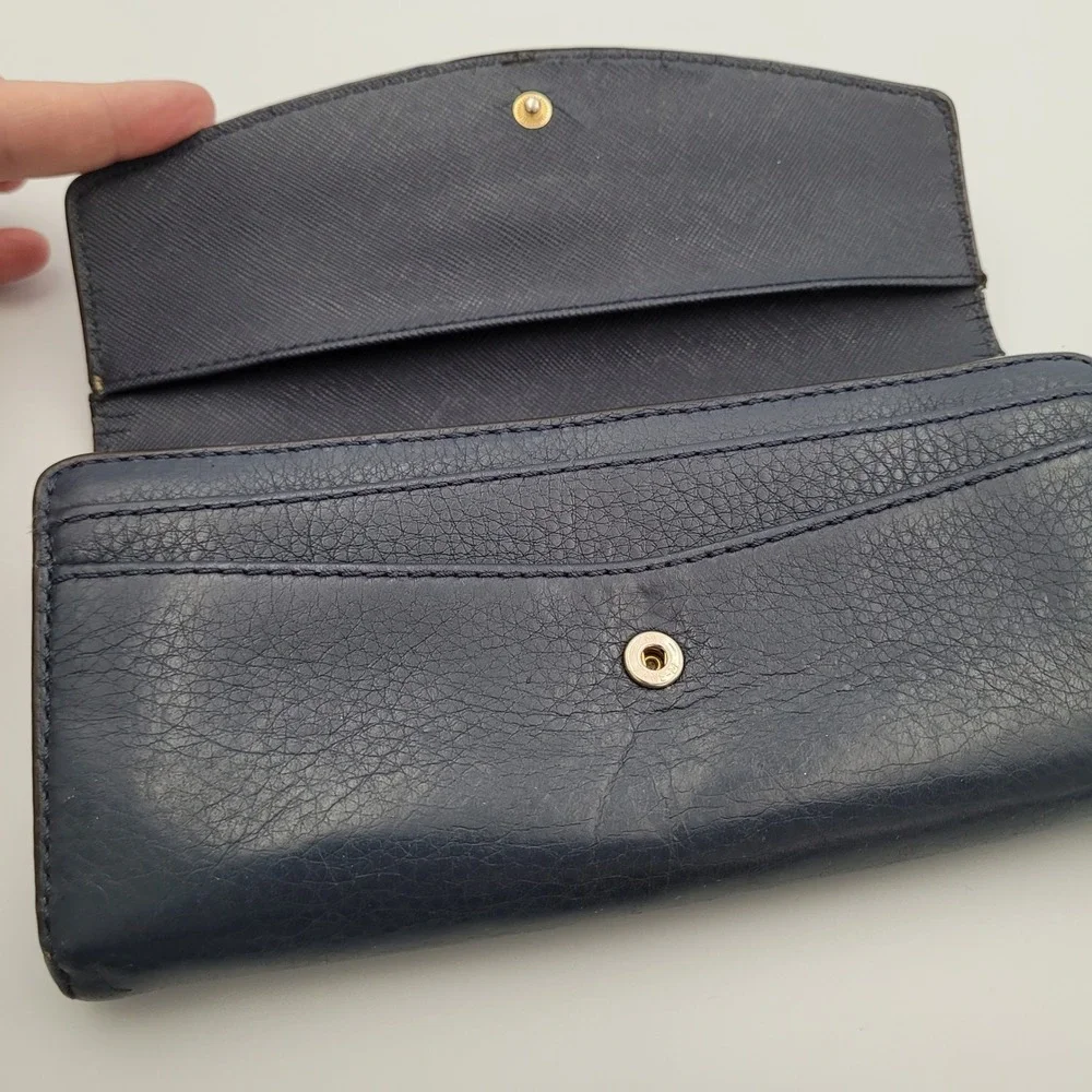 Michael Kors MK Envelop Fulton Flap Wallet Navy Blue Leather Gold Logo Long Fair
